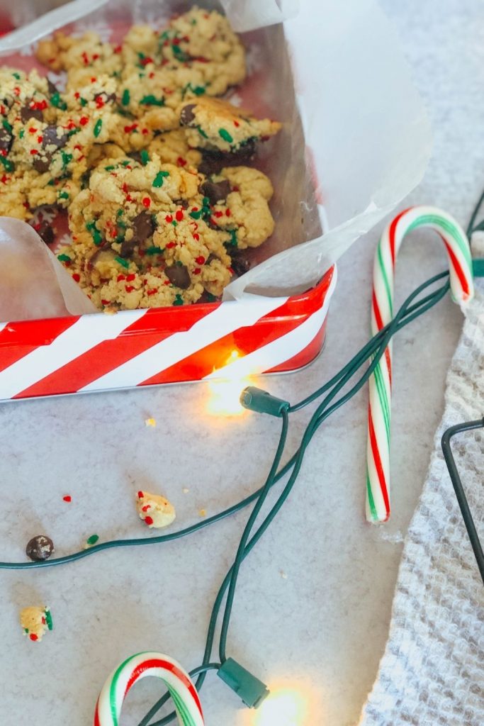 Gluten Free Dairy Free Chocolate Chip Cookies and candy canes