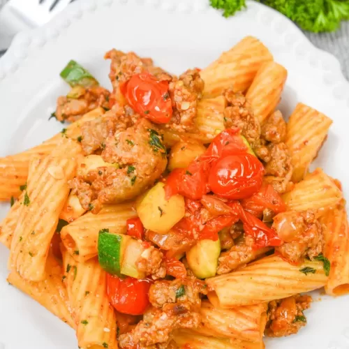 Rigatoni with Sausage, Tomatoes, and Zucchini