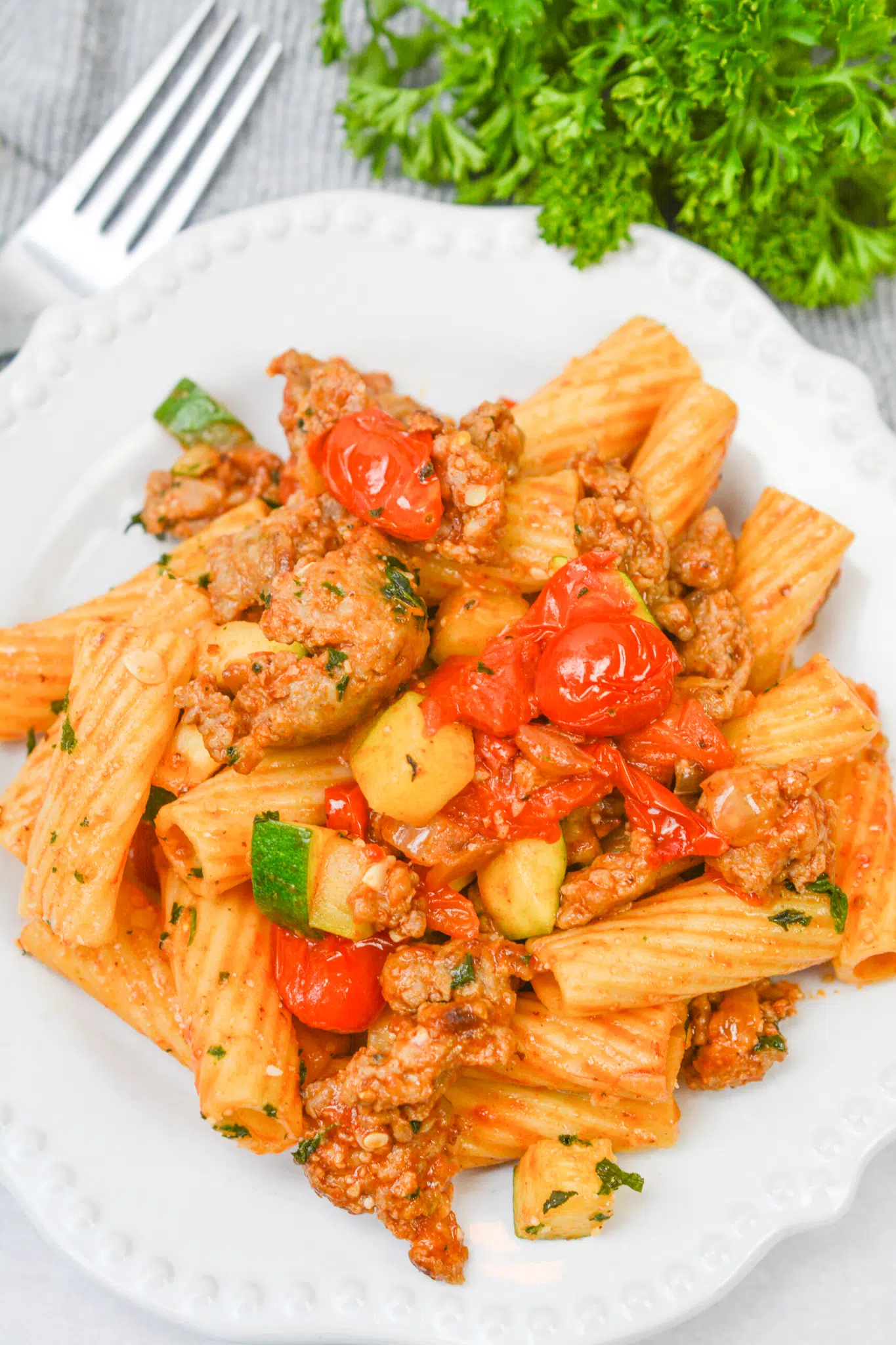 Rigatoni with Sausage, Tomatoes, and Zucchini