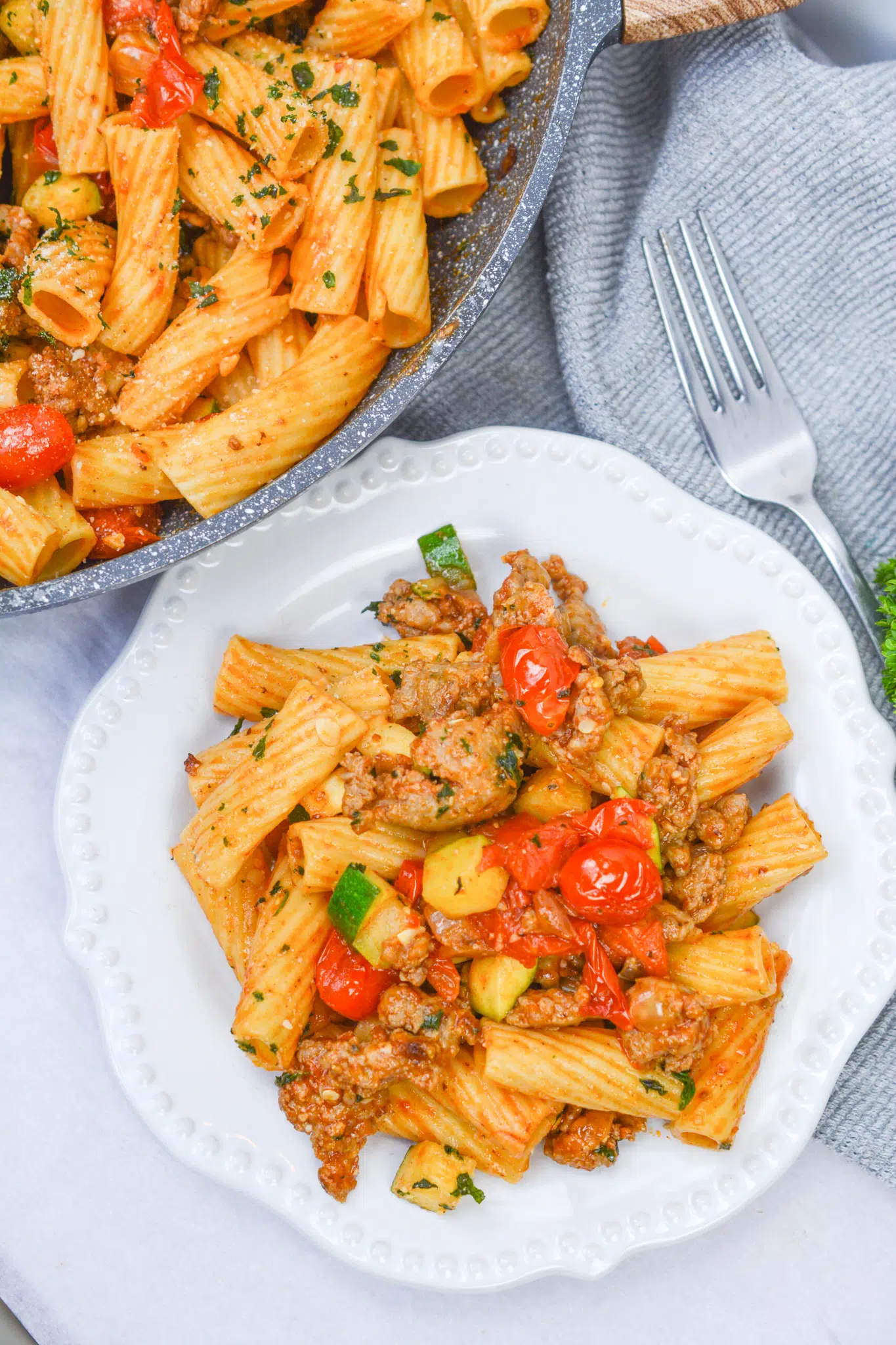 Rigatoni with Sausage, Tomatoes, and Zucchini