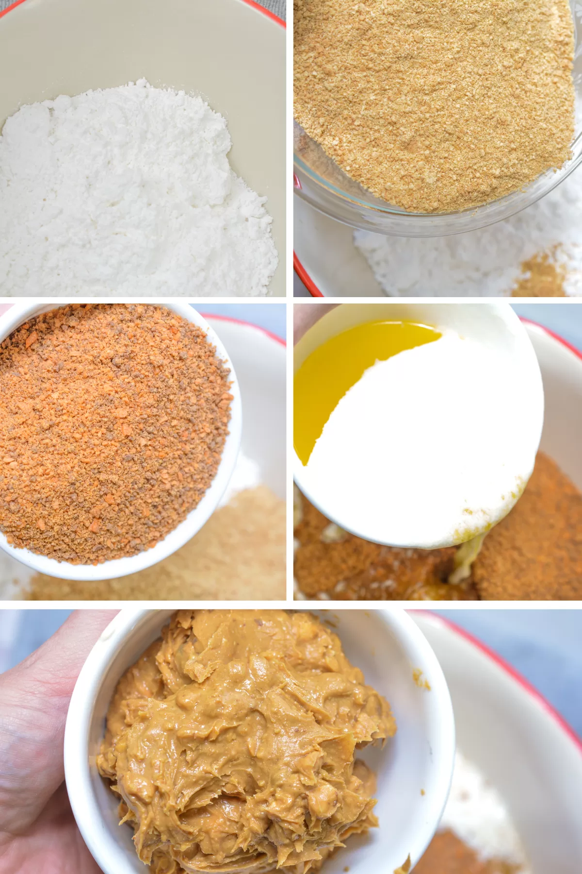 Mixing peanut butter, powdered sugar, and graham cracker crumbs in a bowl.