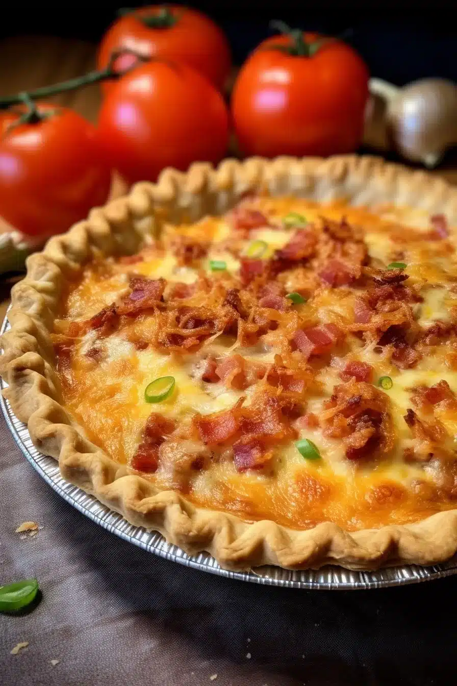 An enticing image of the Bacon Onion Tomato Pie, its top beautifully garnished with green onions and the side view revealing the appetizing layers of tomatoes, onions, and melted cheese.