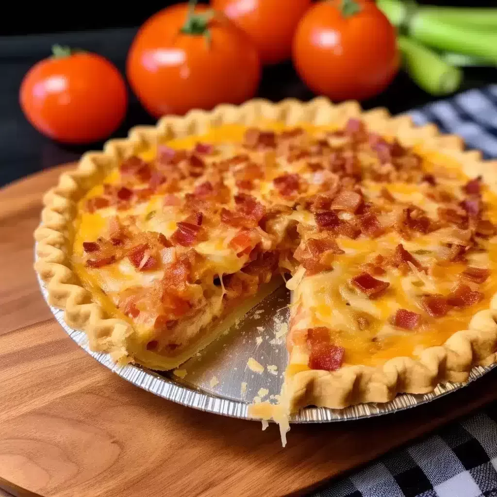 A close-up of the Bacon Onion Tomato Pie showcasing its luscious layers of ripe tomatoes, onions, and cheese, topped with crumbled bacon and thinly sliced green onions.