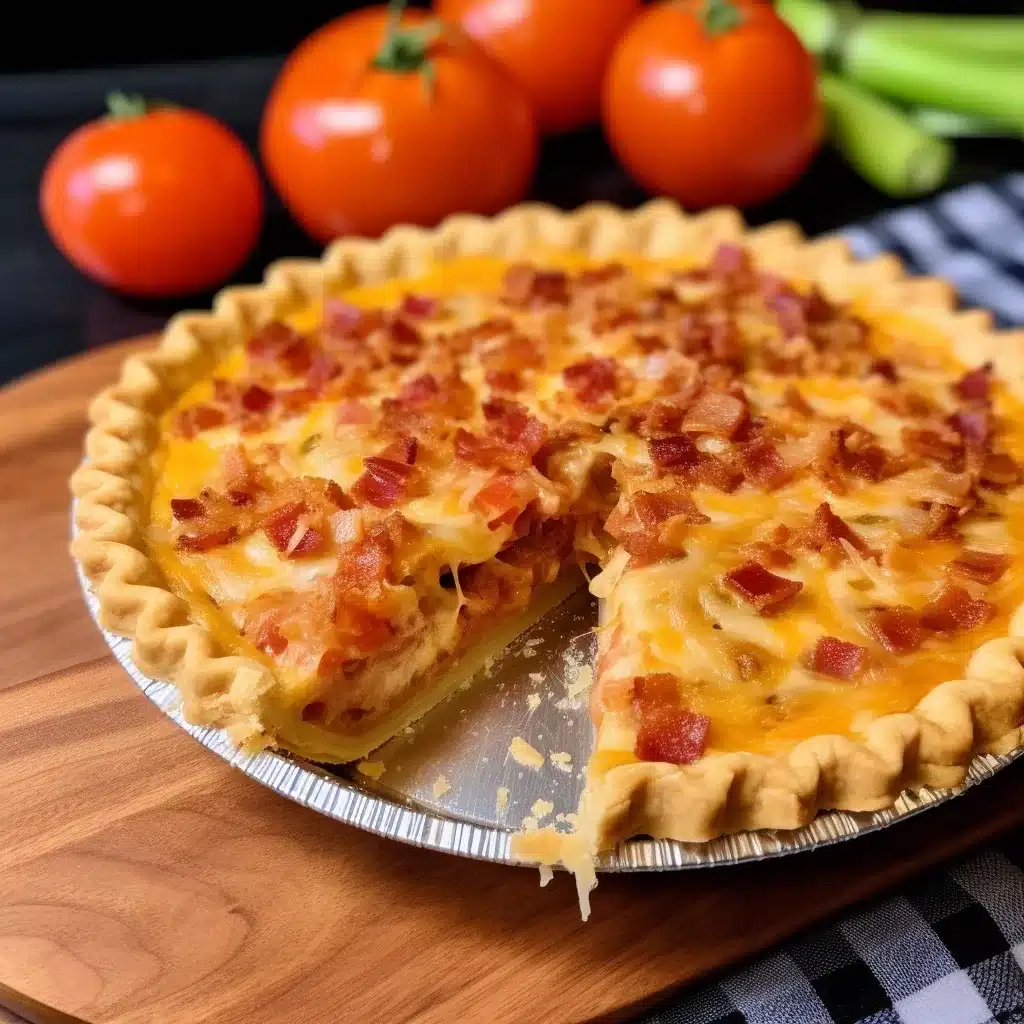 A close-up of the Bacon Onion Tomato Pie showcasing its luscious layers of ripe tomatoes, onions, and cheese, topped with crumbled bacon and thinly sliced green onions.