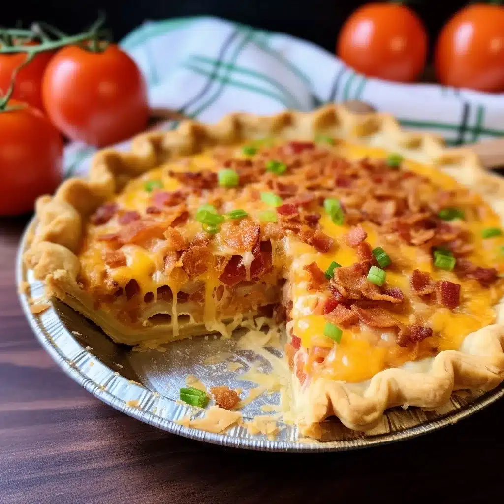 A mouth-watering image of the freshly baked Bacon Onion Tomato Pie with a golden-brown cracker crust and a creamy, cheesy tomato filling peeking through.