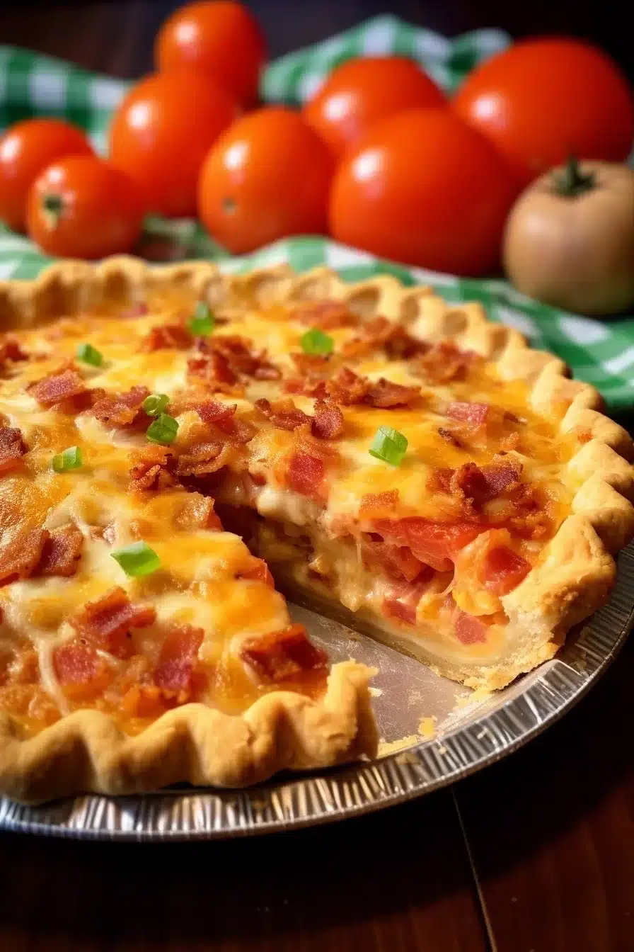 A tantalizing Bacon Onion Tomato Pie resting on a rustic wooden table, its golden crust and vibrant green onion garnish making it a feast for the eyes.