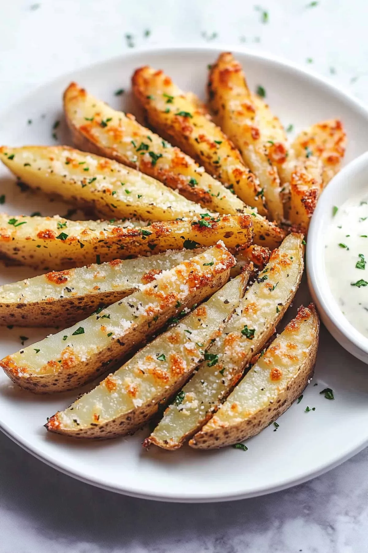 Golden, crispy potato wedges sprinkled with Parmesan cheese and fresh herbs.