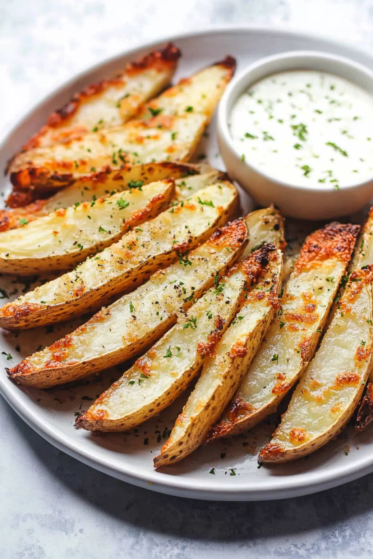 Crispy, oven-baked potato slices with a savory garlic and Parmesan crust.