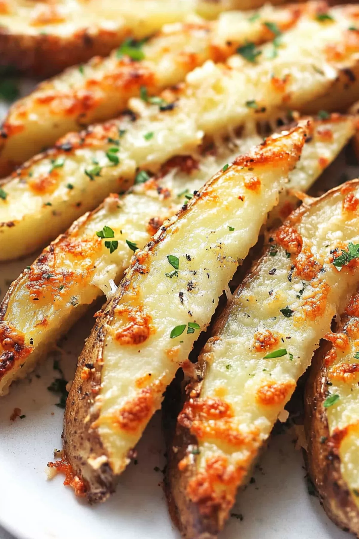 Close-up of seasoned potato wedges baked to perfection with a crunchy coating.