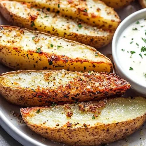 A rustic plate of wedges garnished with grated cheese and a side of dipping sauce.