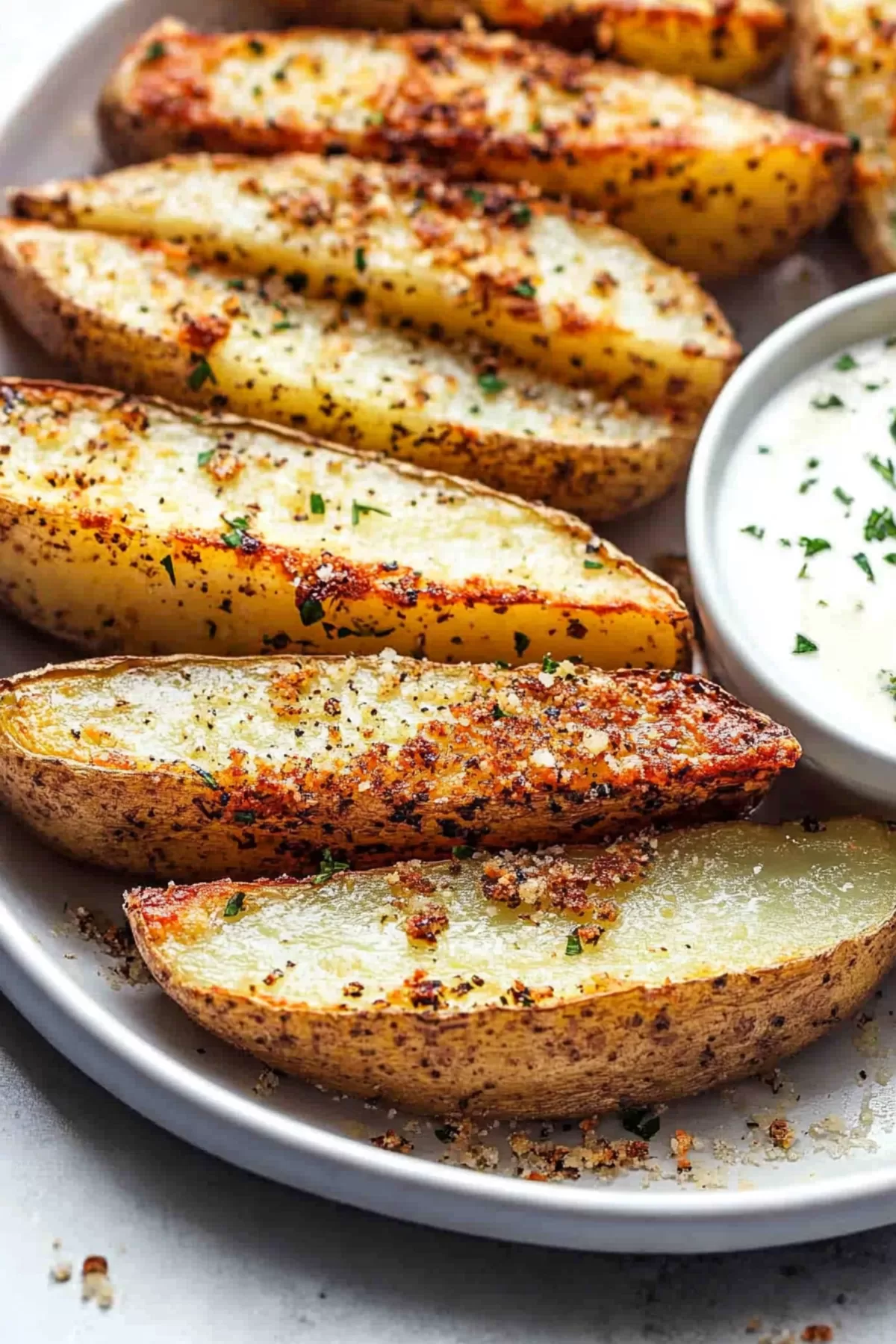 A rustic plate of wedges garnished with grated cheese and a side of dipping sauce.