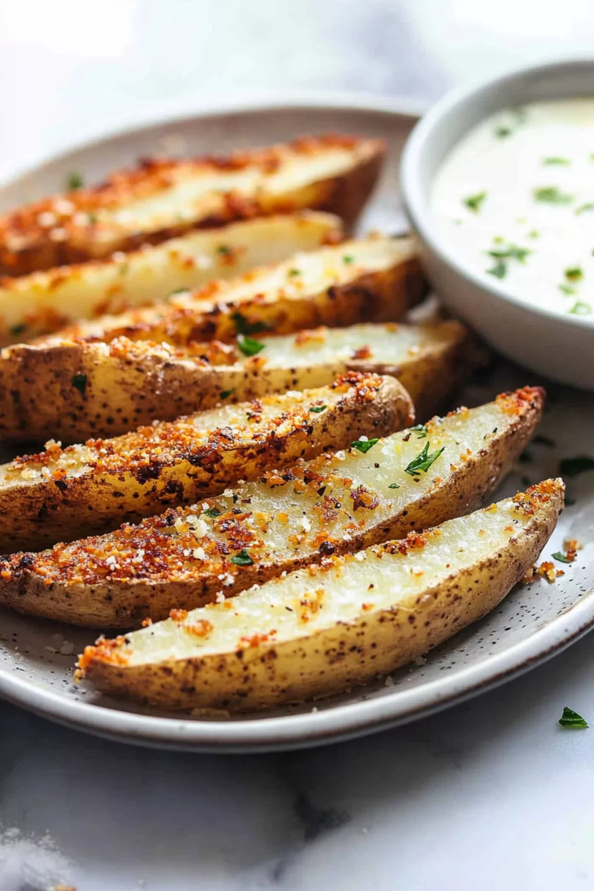 Warm potato wedges showcasing their golden texture and fresh herb garnish.