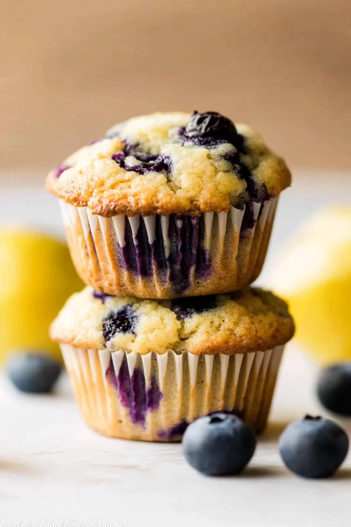 A golden muffins featuring a mix of blueberries and a touch of citrus flavor.