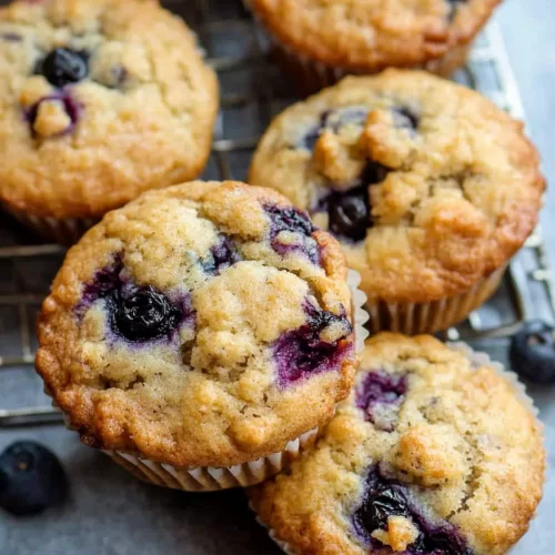 Golden muffins bursting with juicy blueberries, topped with a light lemon glaze.