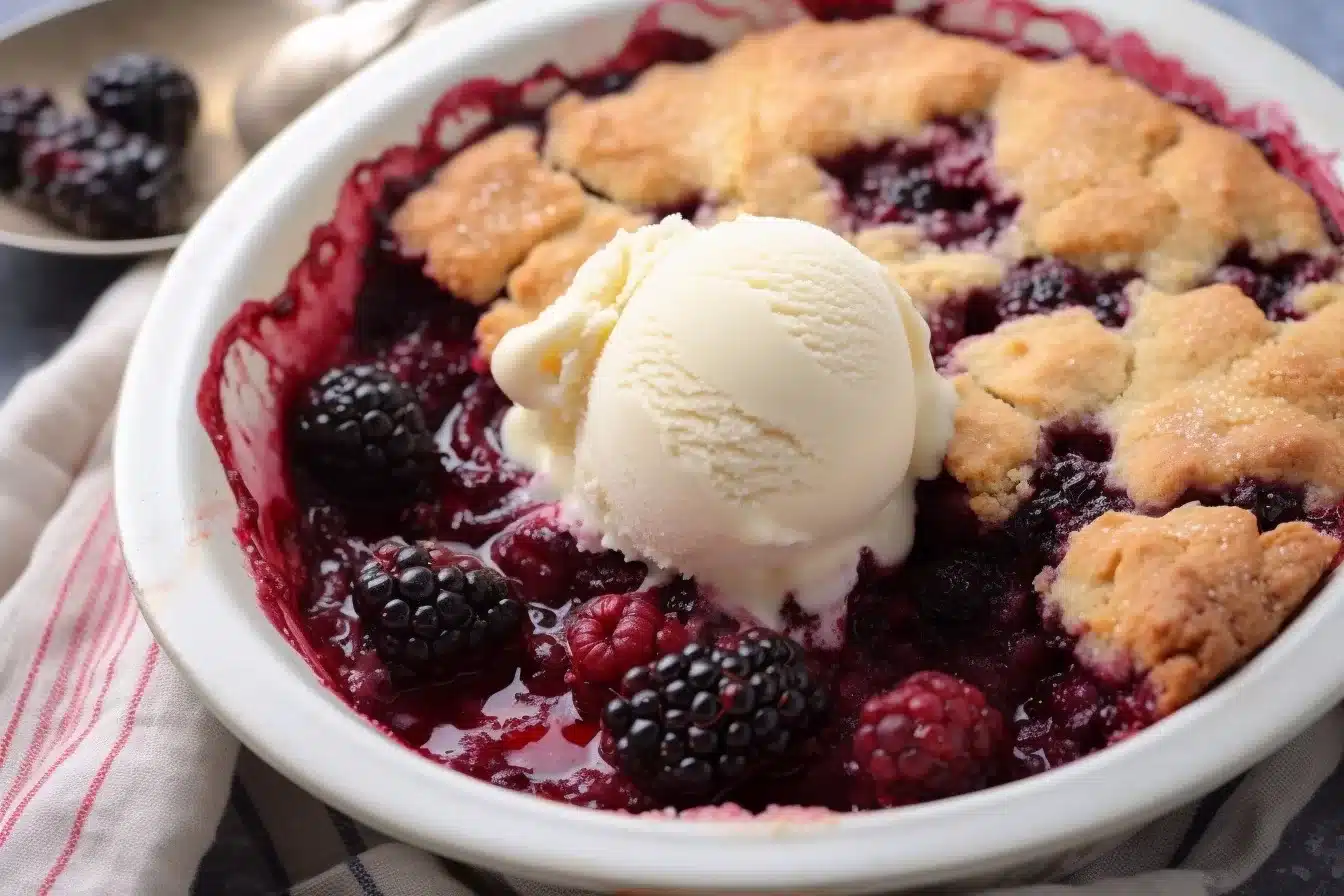 A mouthwatering shot of the Blackberry Cobbler with a scoop of ice cream slowly melting on top, ready to be enjoyed.