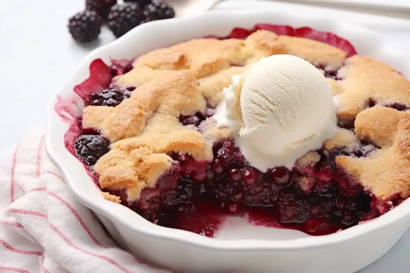Close-up of a serving of Blackberry Cobbler showing the fluffy interior and berries, paired with a cup of coffee.