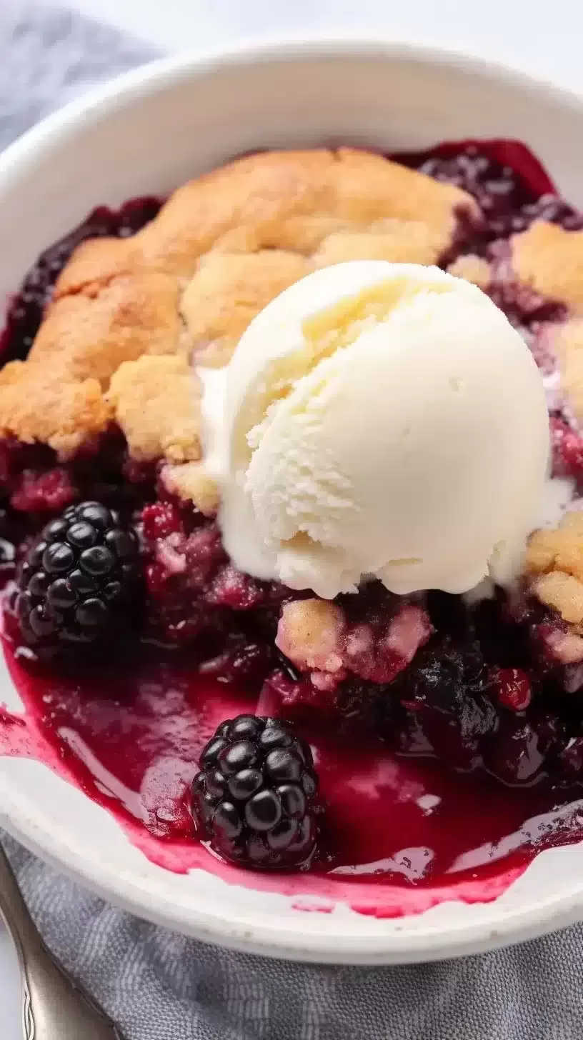 Overhead shot of the Blackberry Cobbler, highlighting its inviting crispy top and vibrant blackberry color.