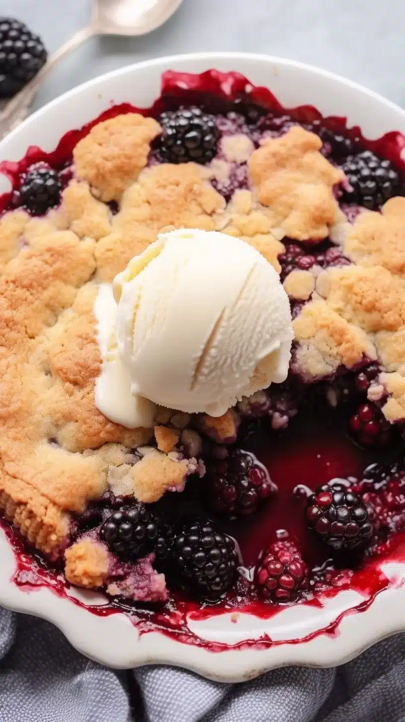 A slice of Blackberry Cobbler on a white plate, displaying the layers of crust and luscious blackberry filling.