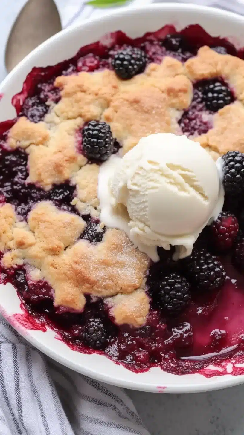 Blackberry Cobbler served warm in a rustic ceramic dish, topped with a scoop of melting vanilla ice cream.