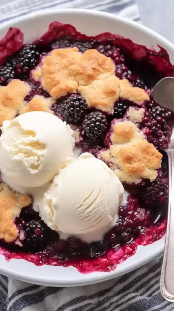 Close-up of the fresh out of the oven Blackberry Cobbler showcasing the golden crust and juicy blackberries peeking out.