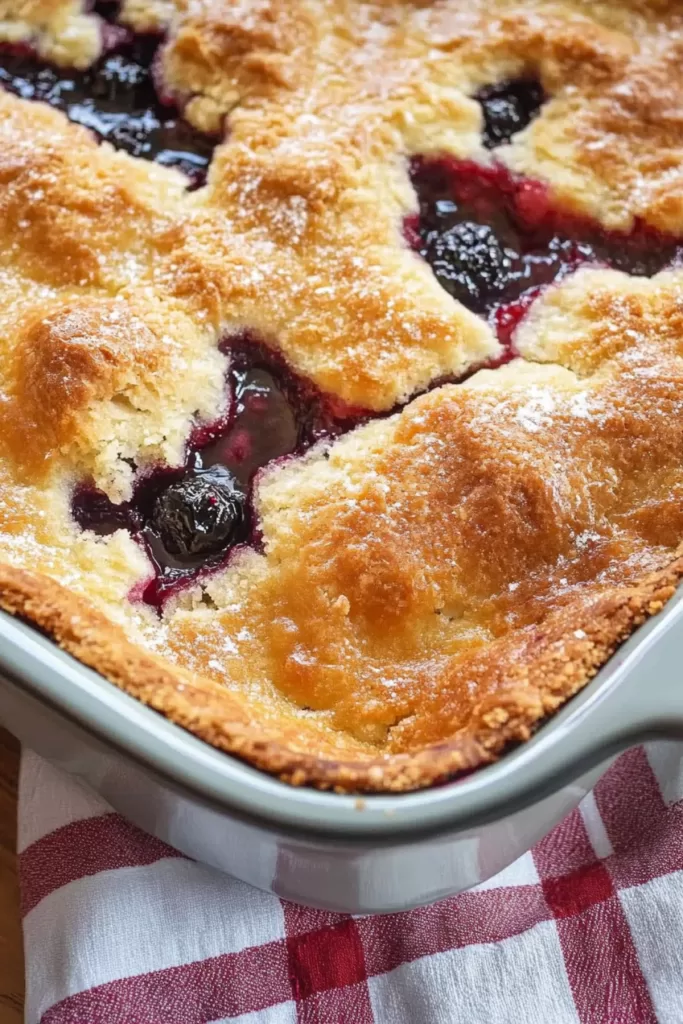 A serving of warm cobbler in a dish, showing flaky crust and dark, sweet blackberries.