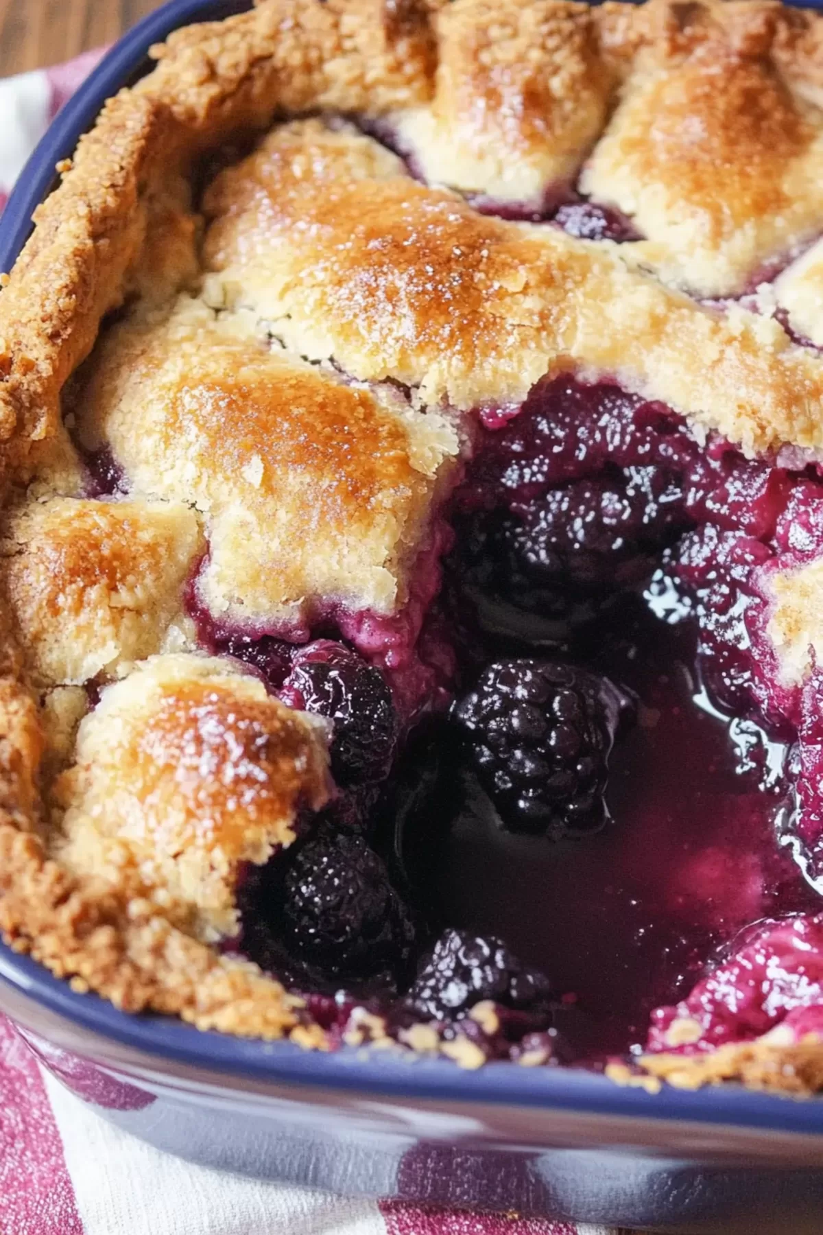 A close-up view of a golden-brown cobbler crust with juicy blackberry filling peeking through.