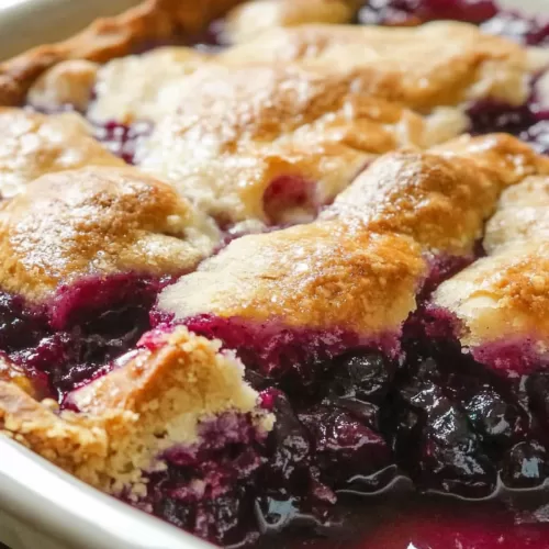 A freshly baked cobbler dish with a rustic crust and bubbling blackberry juices