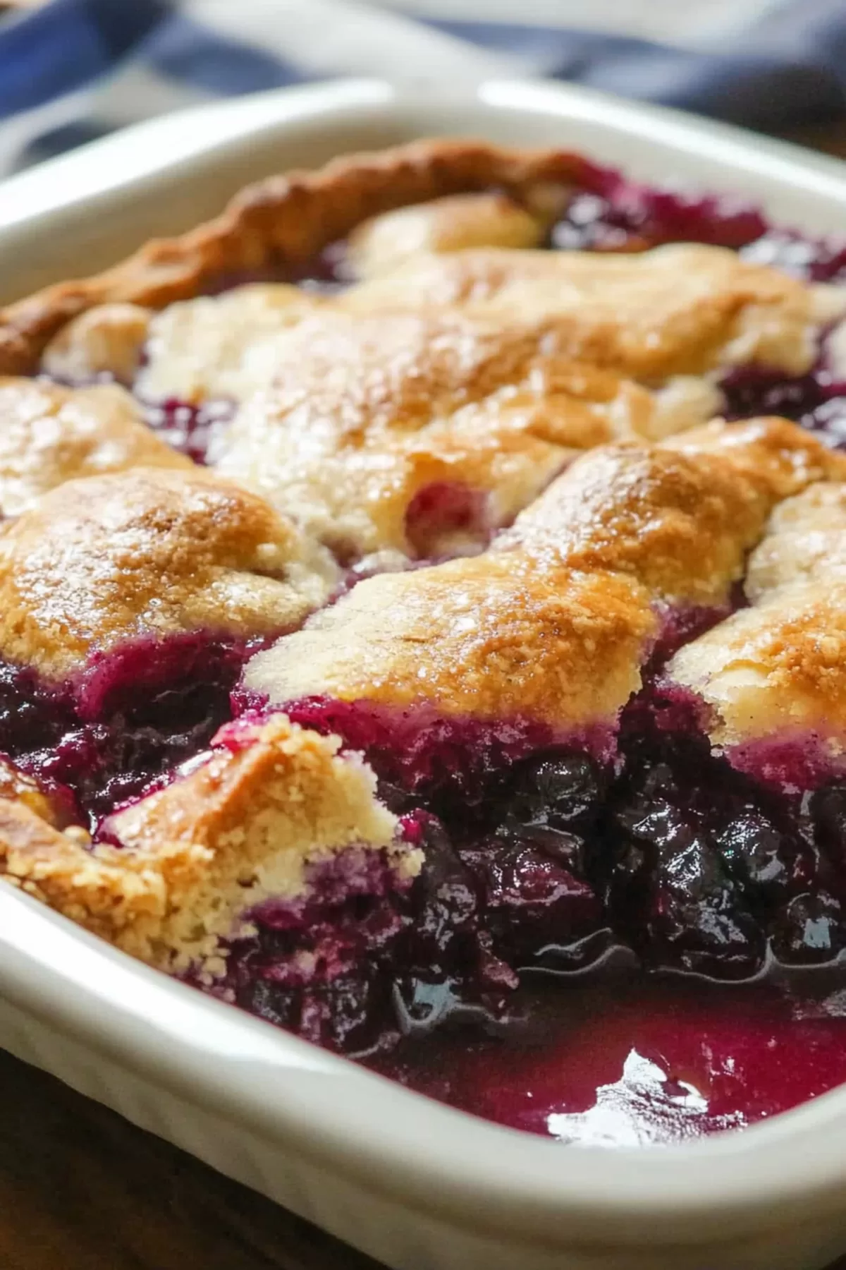 A freshly baked cobbler dish with a rustic crust and bubbling blackberry juices