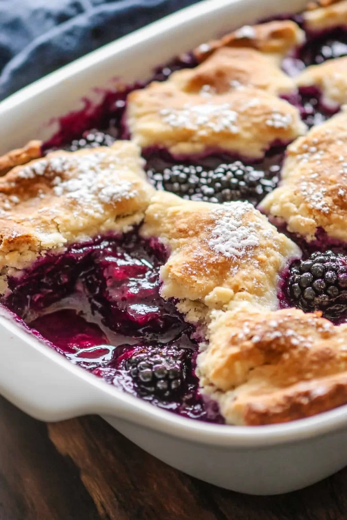 The rich texture of the cobbler crust paired with vibrant blackberry filling in a ceramic baking dish.