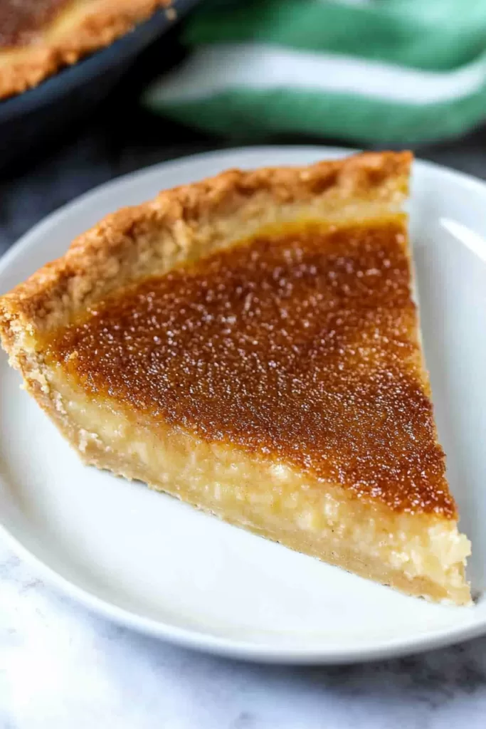 A close-up view of a dessert pie slice with a golden crust and rich filling.