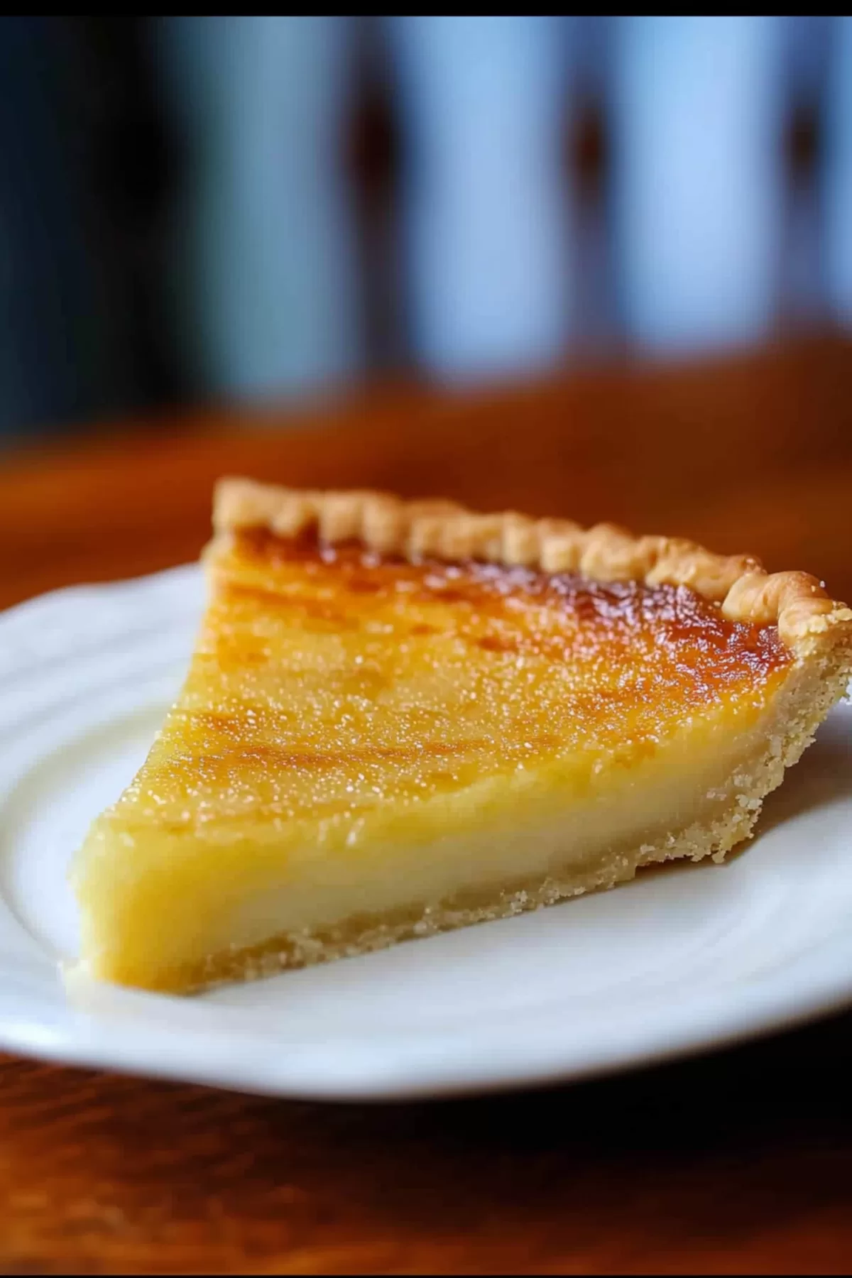 A golden slice of homemade pie with a flaky crust served on a white plate.