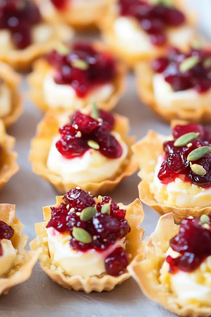 Flaky phyllo cups filled with creamy brie and topped with vibrant cranberry sauce and fresh thyme.