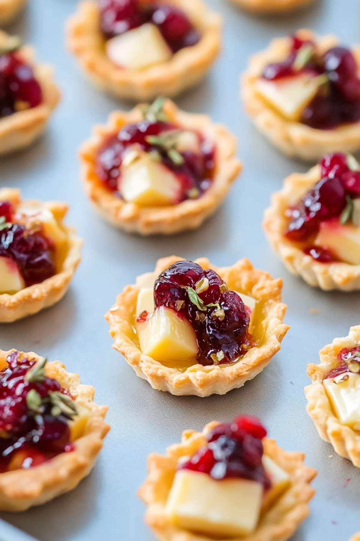 A festive tray of bite-sized appetizers showcasing flaky crusts and rich, colorful toppings.