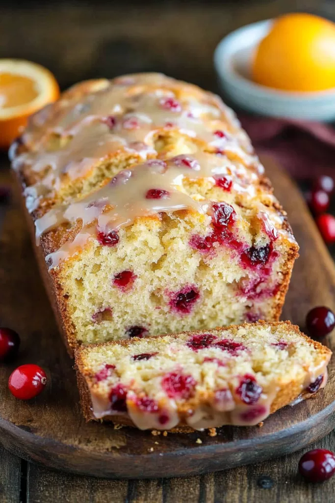 A freshly baked bread loaf on a wooden board, surrounded by citrus and cranberries.