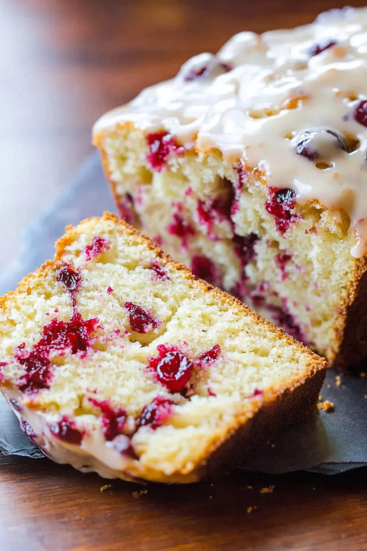 A golden loaf with bright cranberries and hints of zest, sliced to reveal its moist texture.