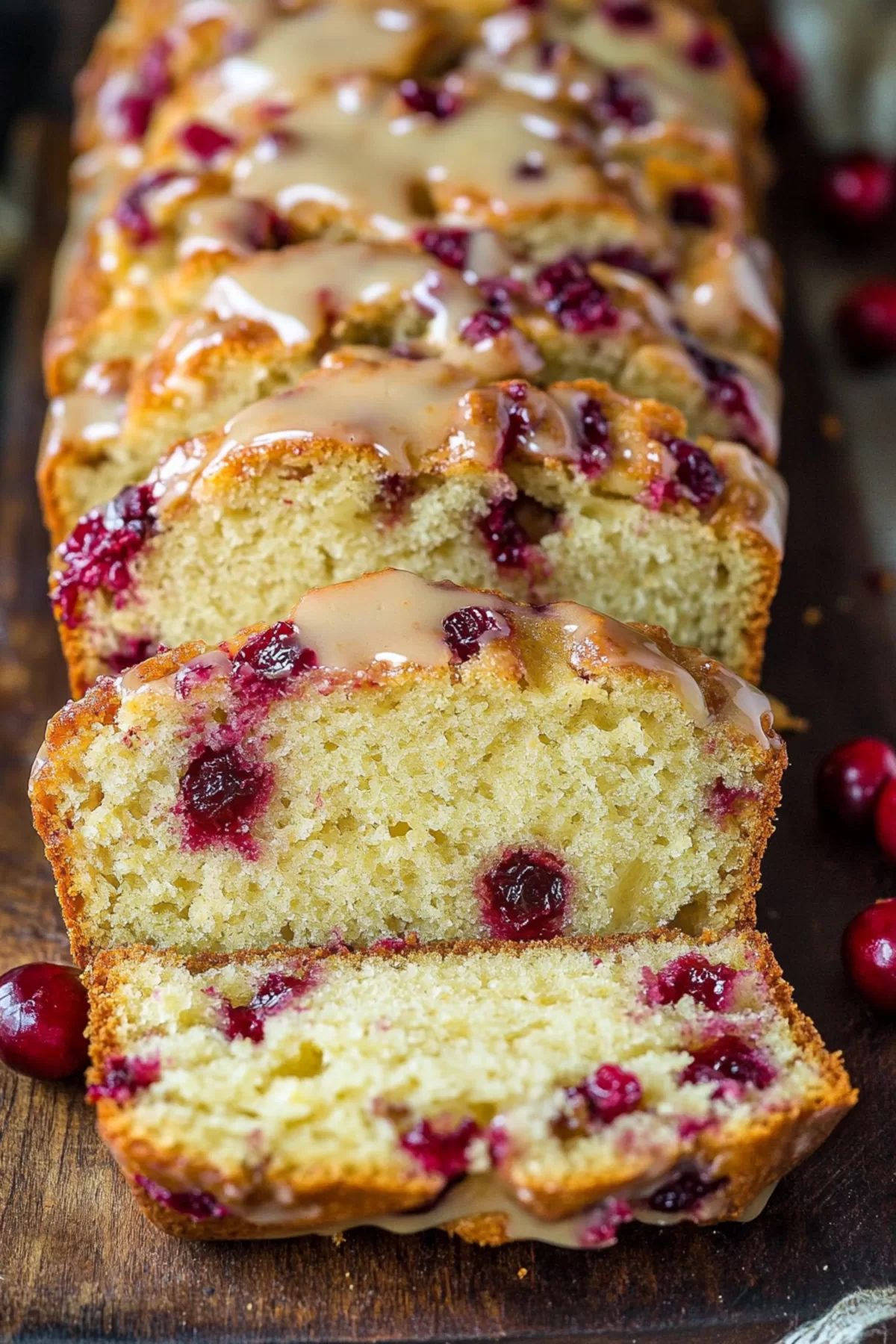 A beautifully glazed loaf with vibrant red berries, ready for serving.