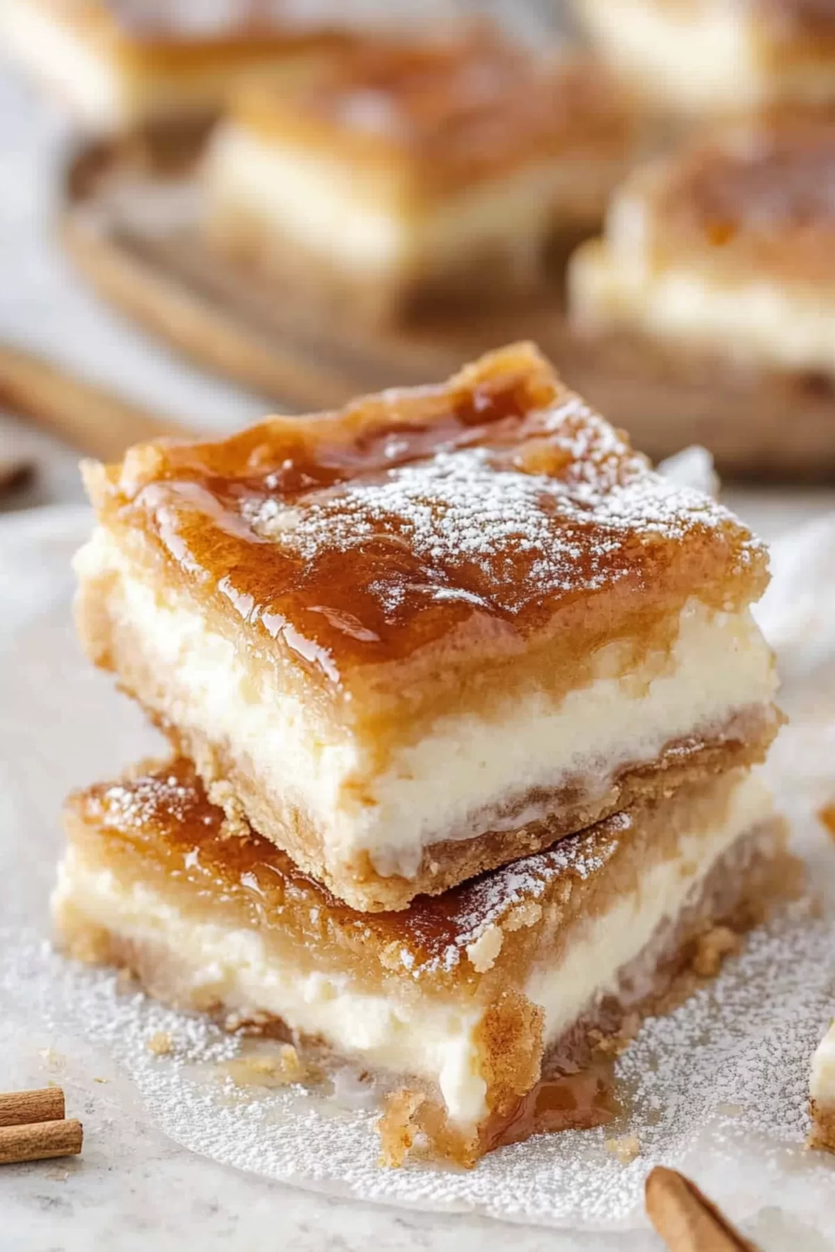 Close-up of a dessert bar with a buttery crust and smooth cheesecake center.