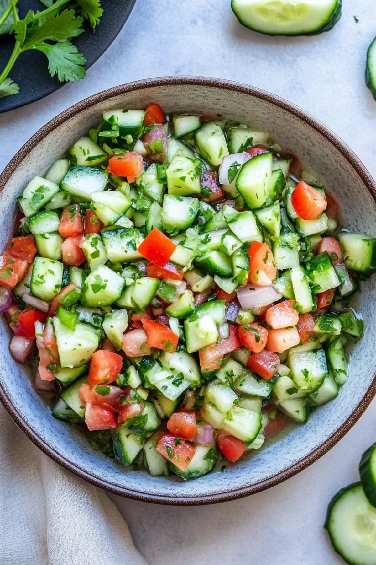 A vibrant bowl of salsa with diced cucumbers, tomatoes, and fresh herbs.