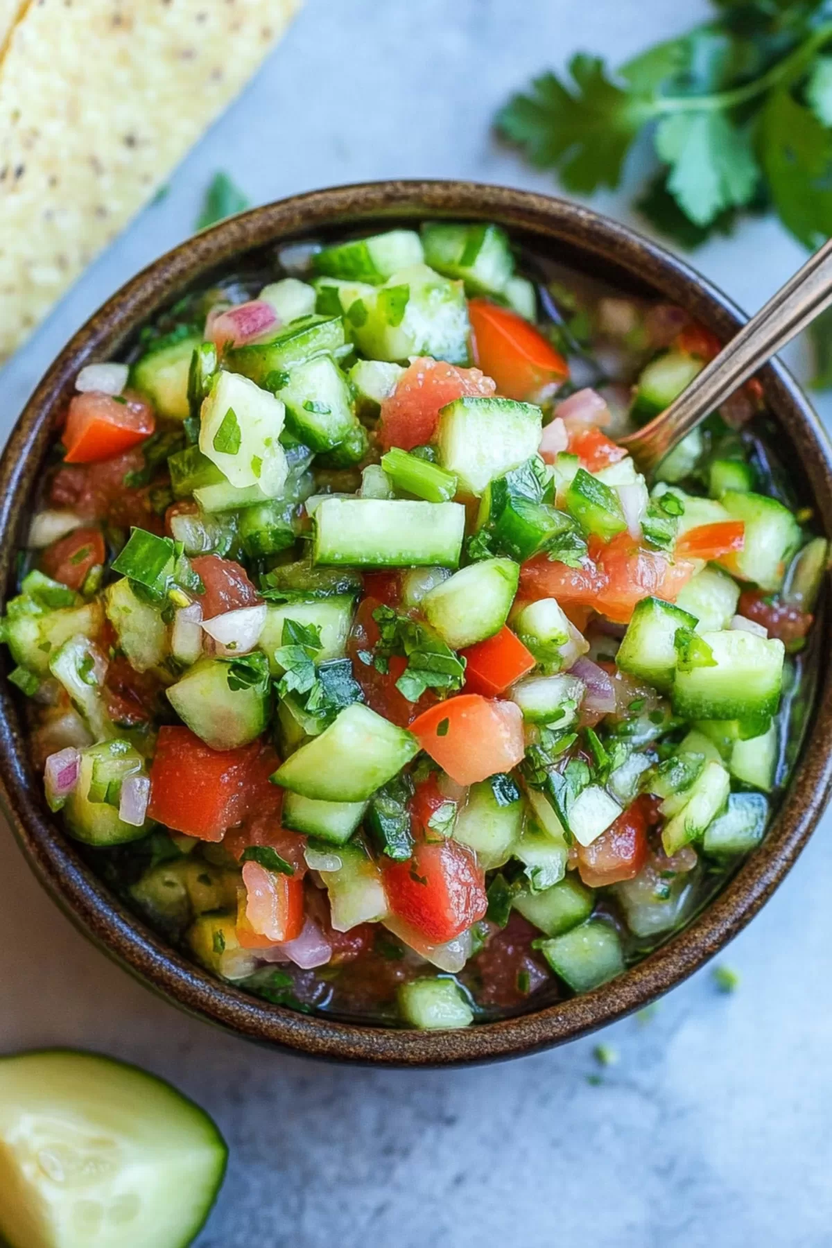 A colorful, crunchy salad served in a rustic dish, perfect for summer snacking.