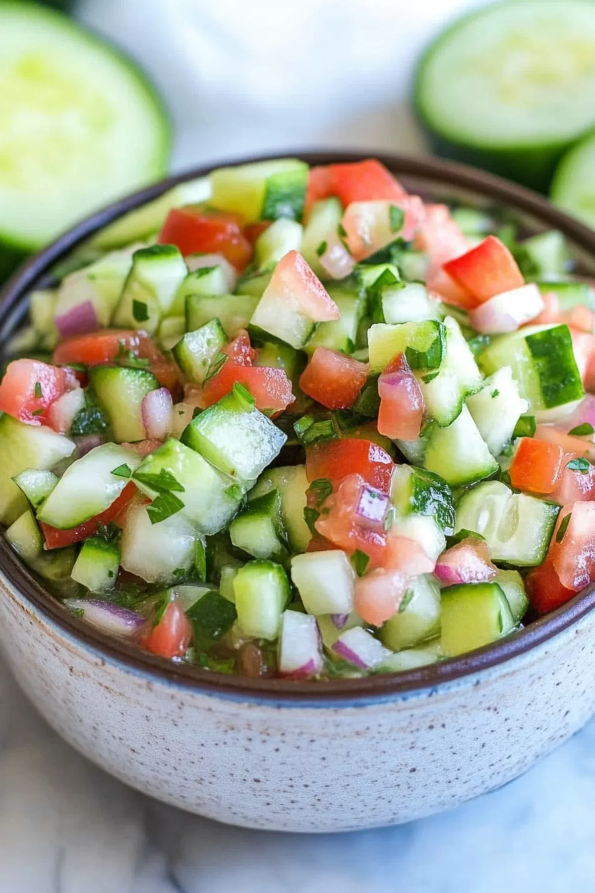 Close-up of a refreshing mix of crisp vegetables and zesty dressing.