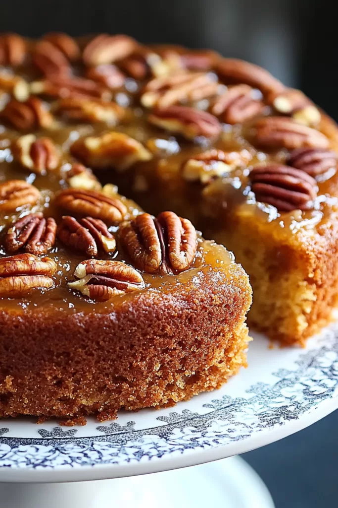 A rich, nutty cake served on a patterned plate, showcasing its dense and fluffy texture.