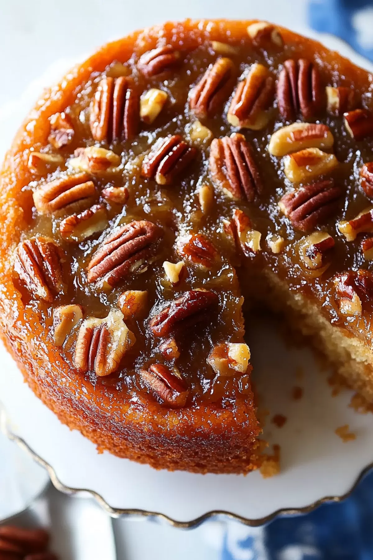 A pecan-topped cake, revealing the soft, moist layers inside.