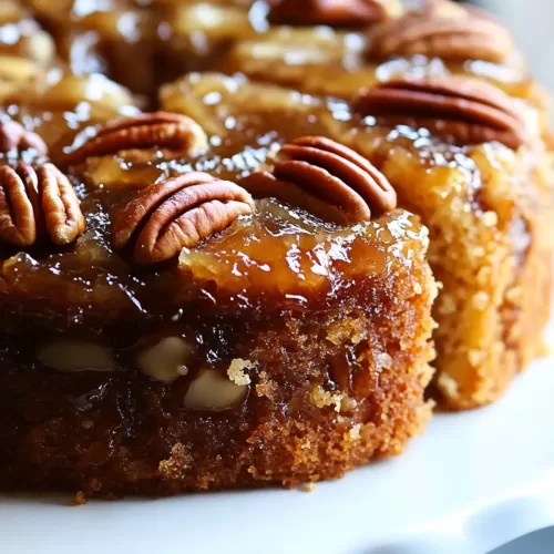 A close-up of a golden, moist cake topped with caramelized pecans glistening under the light.