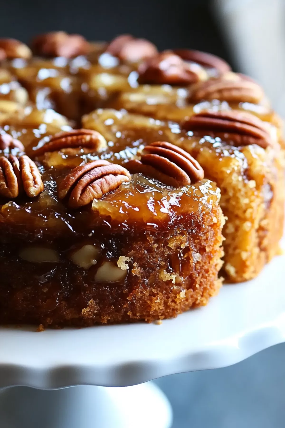 A close-up of a golden, moist cake topped with caramelized pecans glistening under the light.