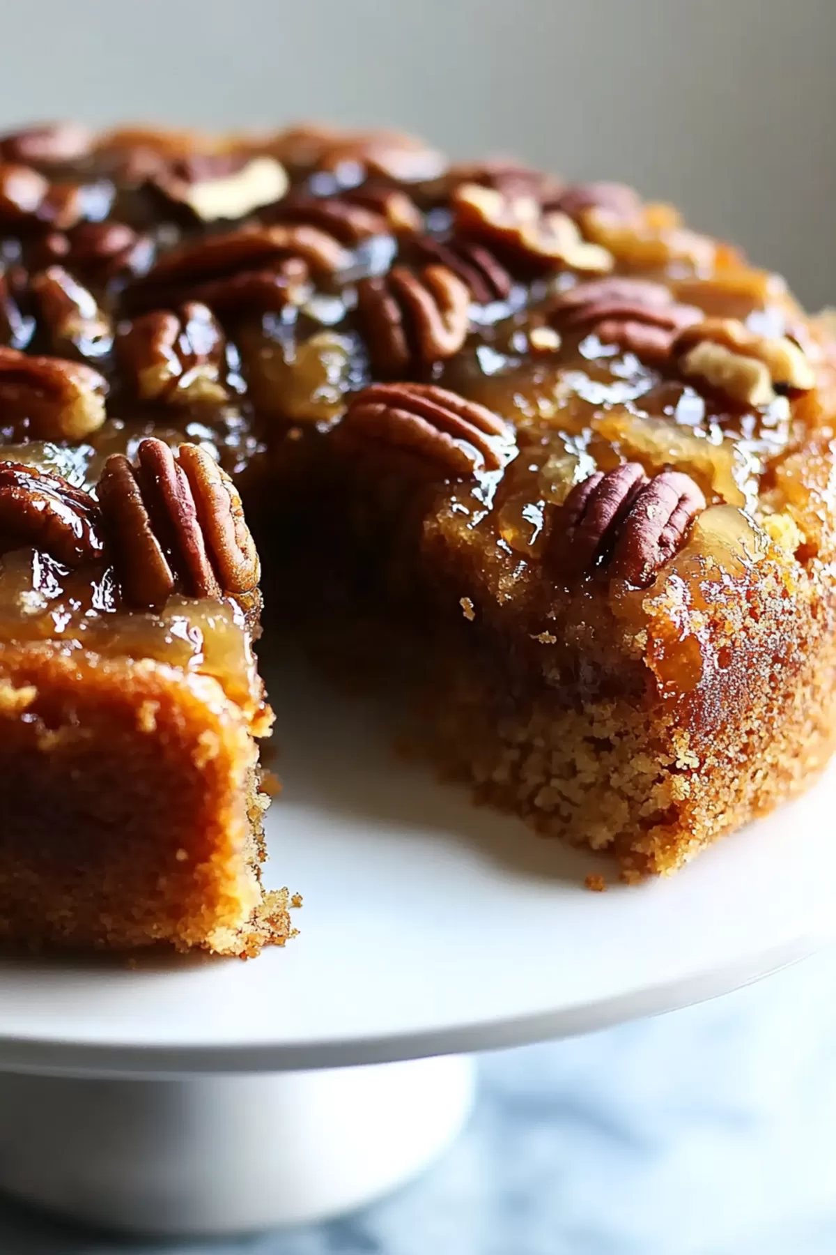 The cake's caramel glaze and pecan topping create a perfect contrast of textures.