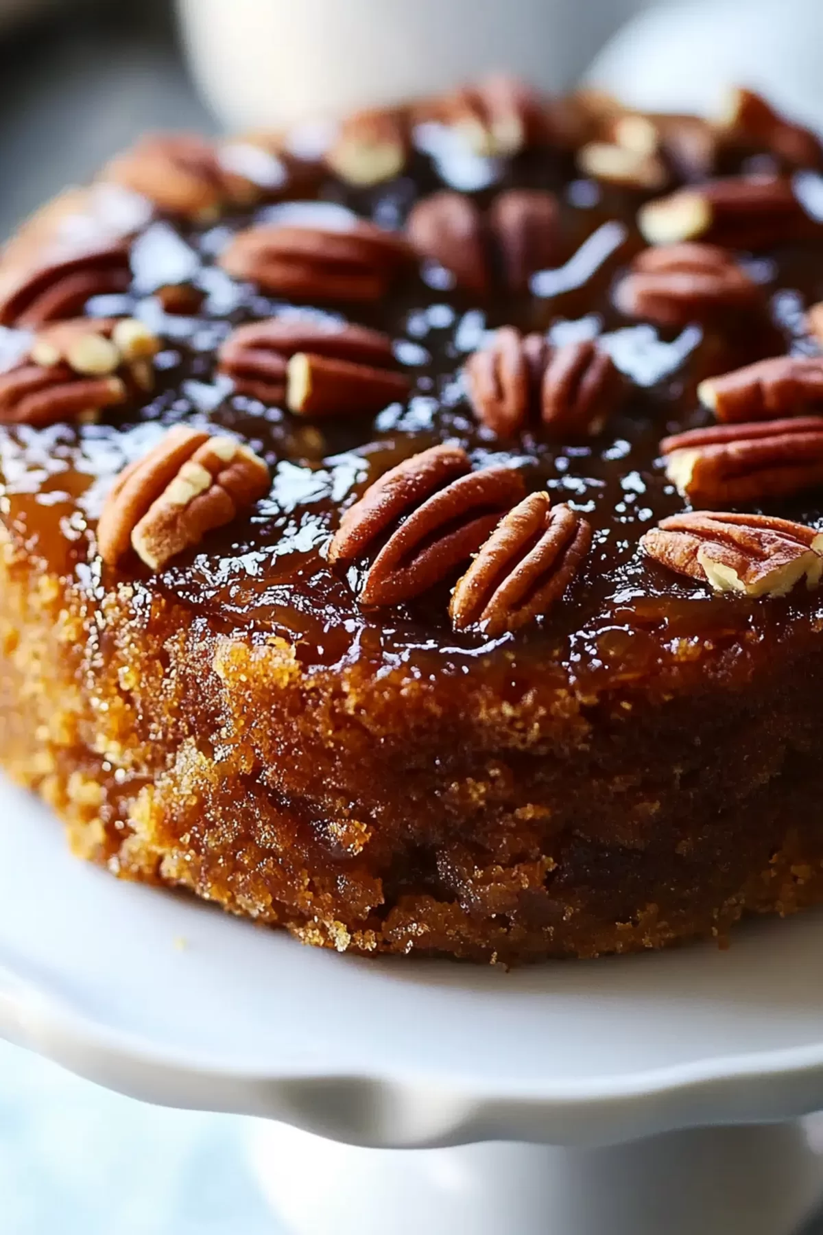 A beautiful homemade cake with pecan pieces evenly layered on top, presented on a white cake stand.