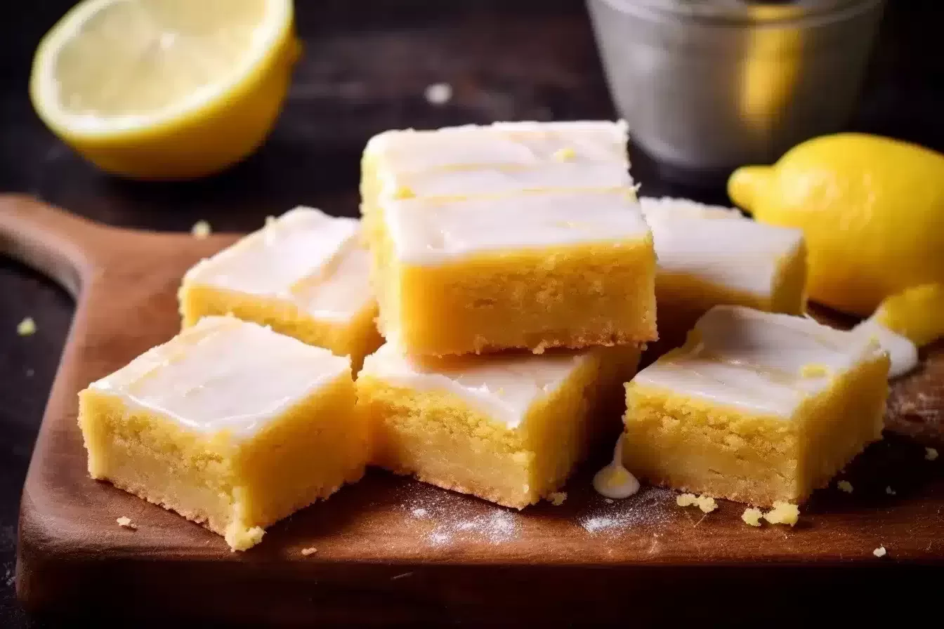 Final result of the Lemon Brownies recipe, beautifully plated and ready to serve, garnished with a fresh lemon slice."