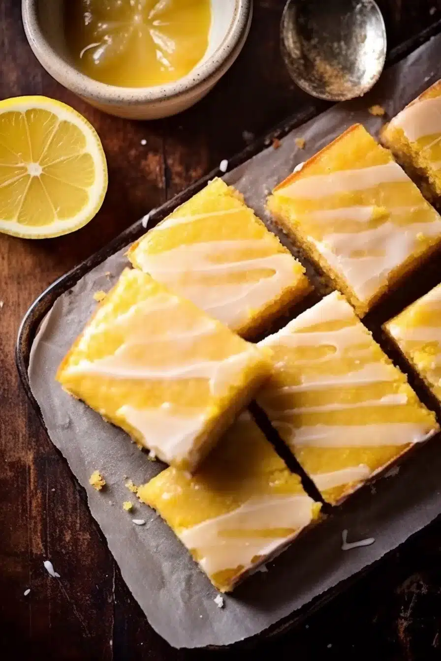 Top-down view of lemon brownies arranged neatly on a rustic wooden board, sprinkled with fresh lemon zest.