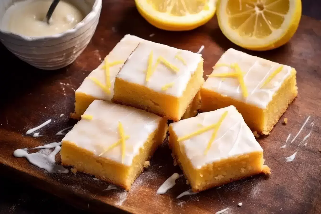 Top-down view of lemon brownies arranged neatly on a rustic wooden board, sprinkled with fresh lemon zest.