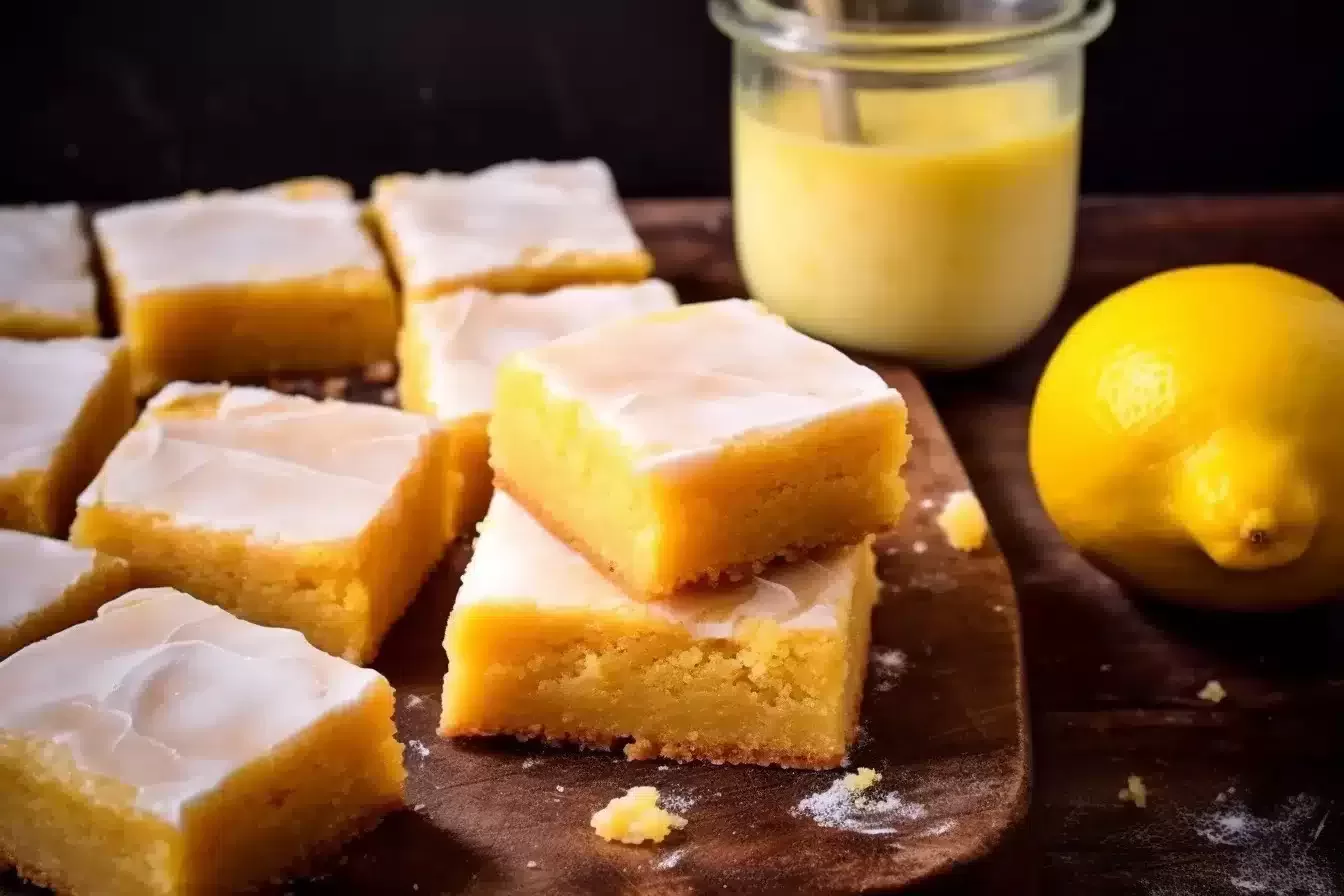 A close-up view of a gluten-free lemon brownie topped with creamy icing, showcasing its fudgy texture.